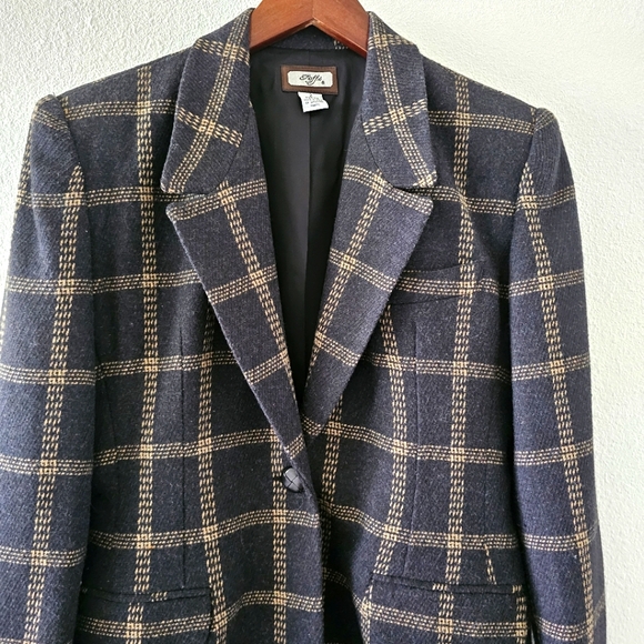Toffs vintage wool blend blazer size 2 petite charcoal gray plaid single button - Picture 2 of 11